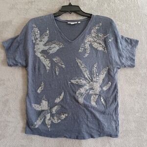 Chicos Sz 1 / M Tee Blue Linen VNeck Short Sleeve Sequin Starfish Casual Coastal